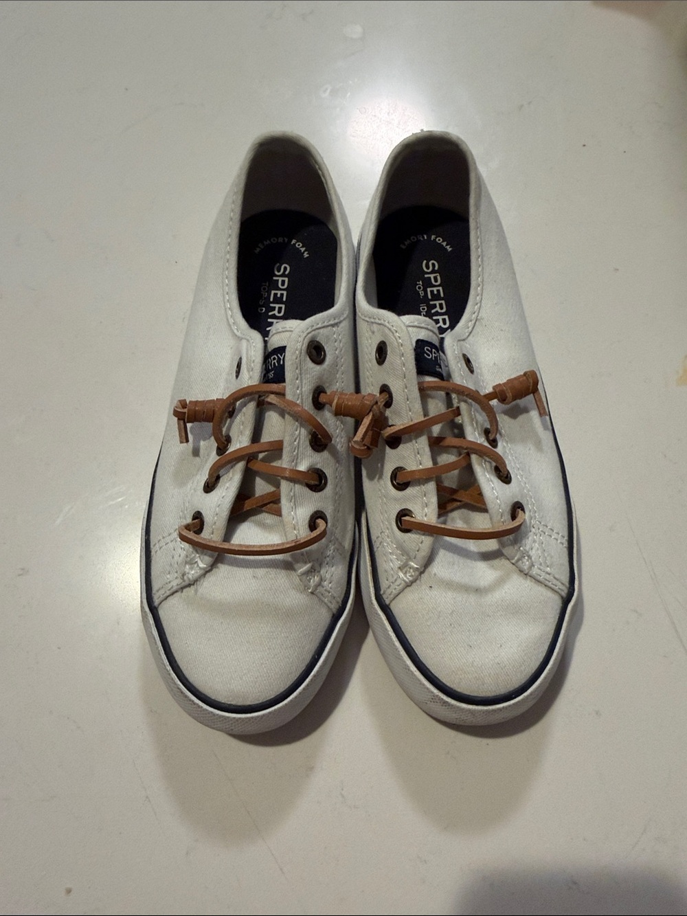 Sperry White Canvas Boat Shoes with Brown Laces
